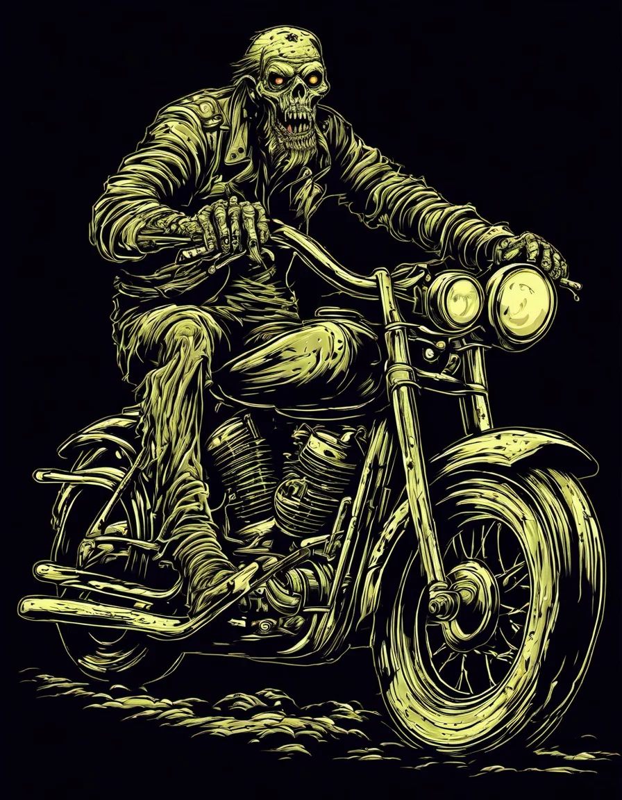 metal_tee, a zombie riding a vintage motorcycle, vector digital illustration, (black background:1.5) <lora:metal_tee_sdxl:1>