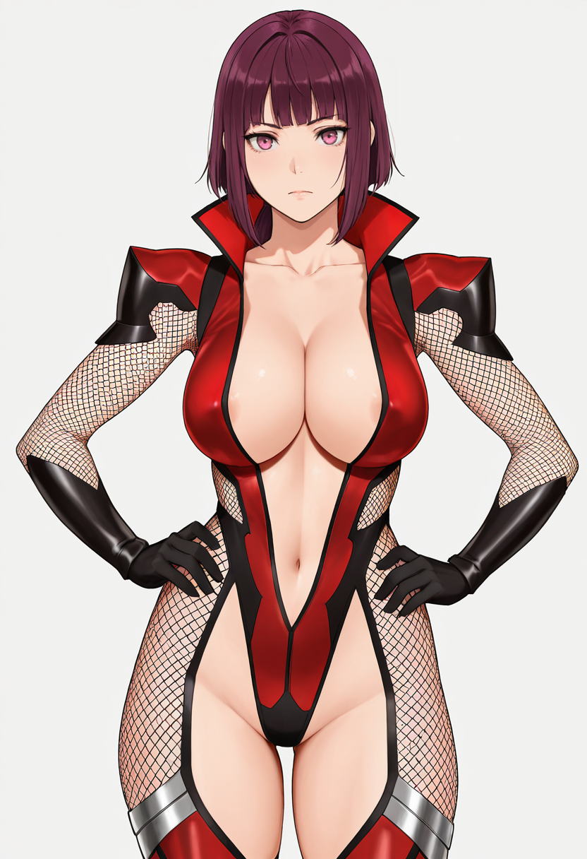 masterpiece, best quality,
1girl, cowboy shot, 
standing, hands on own hips, 
looking at viewer, 
<lora:Oboro_SK:0.7> Oboro_SK, pink eyes, purple hair, short hair, blunt bangs, low ponytail, bodysuit, red leotard, highleg leotard, center opening, fishnets, cleavage, navel, areola slip, collarbone, black gloves, high collar, thighhighs,
simple background, white background,