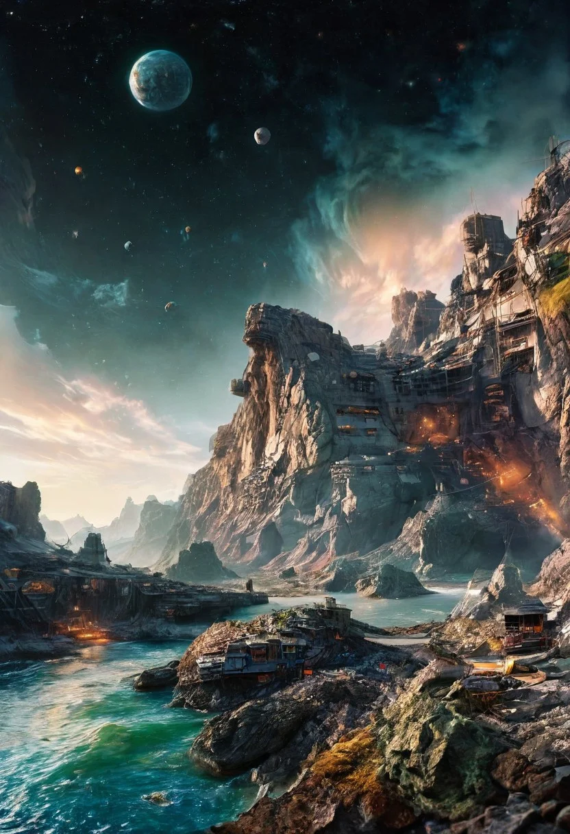 space fortress orbiting an asteroid belt