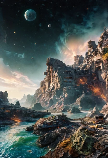 space fortress orbiting an asteroid belt