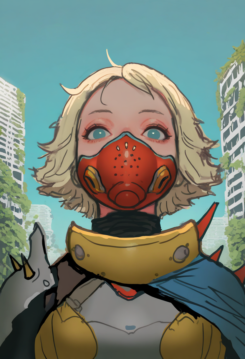 best quality, amazing quality, very aesthetic, absurdres, sketch,
1girl, blonde hair, blue eyes, short hair,
gaz mask, armor, shoulders armor, scavenger, spiked shoulders, cape,
upper body,
solo, looking at viewer, view from below,
overgrown, outdoors, ruined city, destroyed building,  <lora:KyoungHwanKimNoobLocon_byKonan:1>