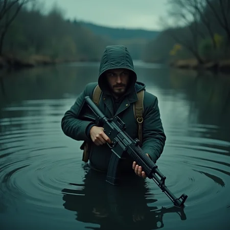 cinematic film still of <lora:gun style v1:1>
a man holding a AK-47 gun in the water, shallow depth of field, vignette, highly detailed, high budget, bokeh, cinemascope, moody, epic, gorgeous, film grain, grainy