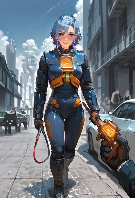 score_9,score_8_up,score_7_up,source_anime, 1girl, (((master piece:1.2))),(((best quality:1.2))),(((ultra detailed))),(((1girl))),(((intricate))),(((anime screencap))),(((very aesthetic:1.2))),((( Cité 17 background))),(((absudres:1.2))),(((embroidered))),(((scenery))),((extremely detailed CG)),(dynamic angle:1.4), woman in sci fi outfit standing on deserted street holding crowbar,
BREAK,
half life (series), (ami mizuno reimagined as a scientist in hev suit from half life 2),breasts, 1girl, blue_hair, blue_eyes, (dynamic pose:1.4), Cité 17 background, smile, solo, looking_at_viewer, detailled_background, blue short_hair, blush, boots, gloves, standing, cowboy_shot, hev armor style, holding a crowbar, weapon, solo focus, holding, outdoors, covered navel, hev suit bodysuit
BREAK;
(intricate details:1.12), (intricate details, hyperdetailed:1.15), hdr, dystopian sci-fi city, (at day:1.2), cinematic, half life aesthetic, science aesthetic, ominous background, bimbo atmosphere, lustful atmosphere, gray and pastel theme, city background, ground vehicle, motor vehicle, car, building, electric cable, camera,