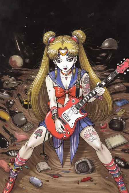 amayo illustration of a punk sailor moon playing a guitar at a heavy metal mosh pit, tattoos, piercing <lora:amayo1_cap_d6a3e11:1.0><lora:827316933213826896:0>