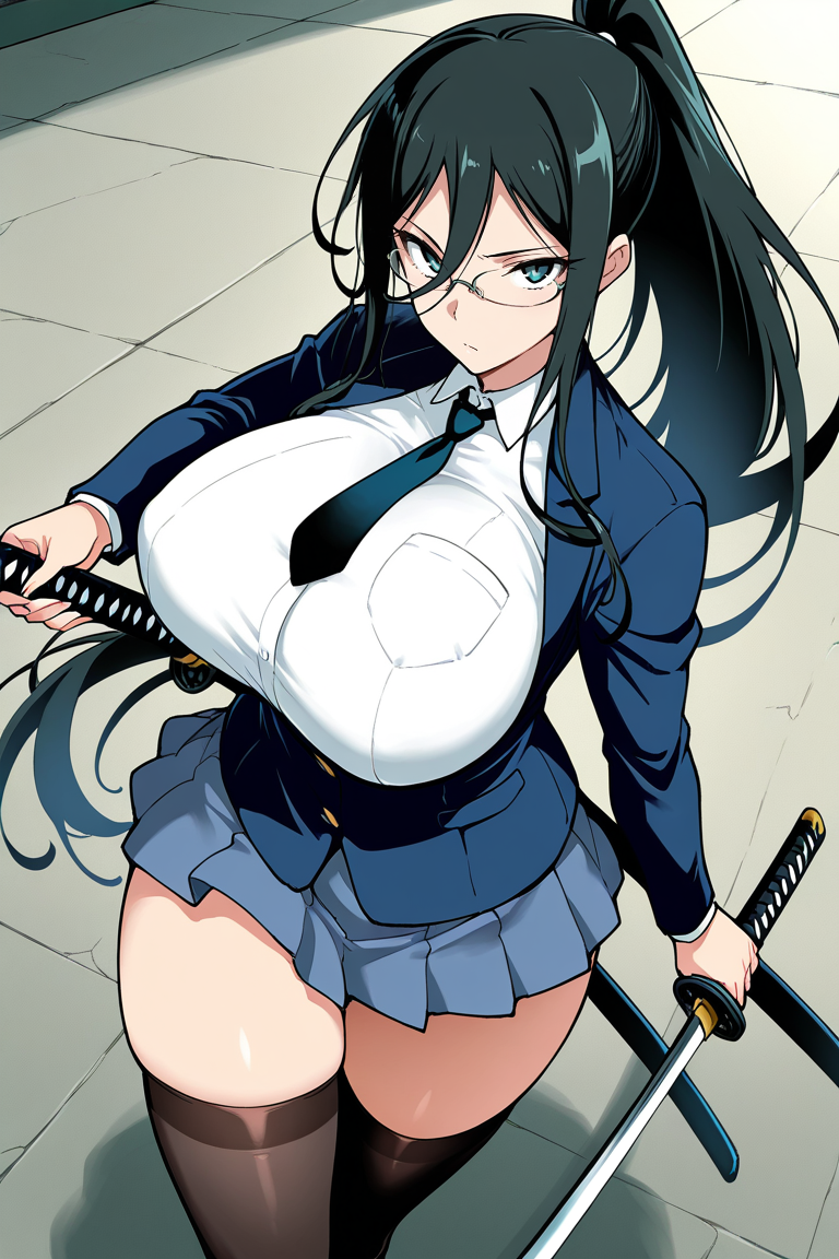 Masterpiece, source_anime,  1girl, black hair , sword, breasts, weapon, solo, glasses, katana, skirt, thighhighs, long hair, ponytail, necktie, school uniform, holding sword, holding, holding weapon, looking at viewer, huge breasts, hair between eyes