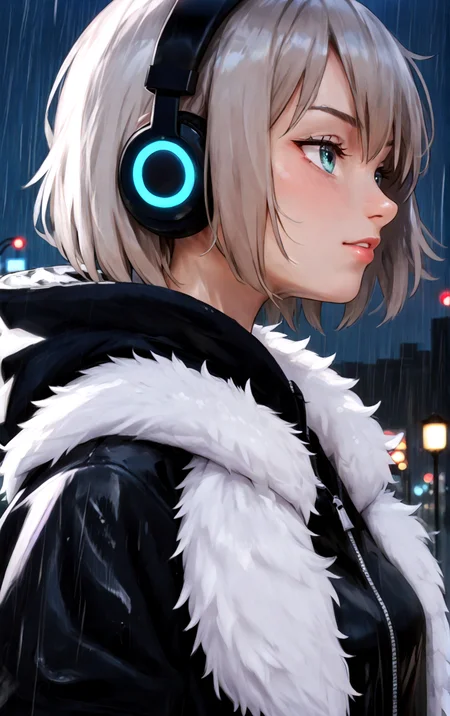 score_9, score_8_up, score_7_up, score_6_up, 1girl, solo, short hair, bangs, jacket, upper body, outdoors, sky, cloud, hood, from side, coat, fur trim, profile, night, depth of field, city lights background, backlight, wet, headphones, hood down, cloudy sky, hooded jacket, rain, fur-trimmed jacket, lamppost, fur-trimmed hood
<lora:MomisanP:1> MomisanP