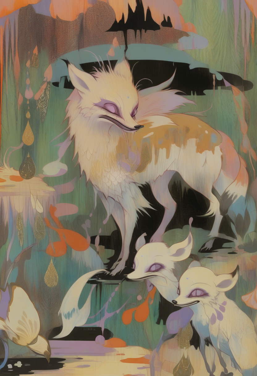 NijiEX style, illustration of a very detailed Fox in the style of camille-rose-garcia, awesome appearance, magical landscape with enchanted elements, fantasy art style, Gold, Burnt Orange, Cream theme, intricate details, ultra sharp, exquisite detail, flawless composition, vivid colors, masterpiece, exciting background <lora:camille-rose-garcia-sdxl-v1:1>