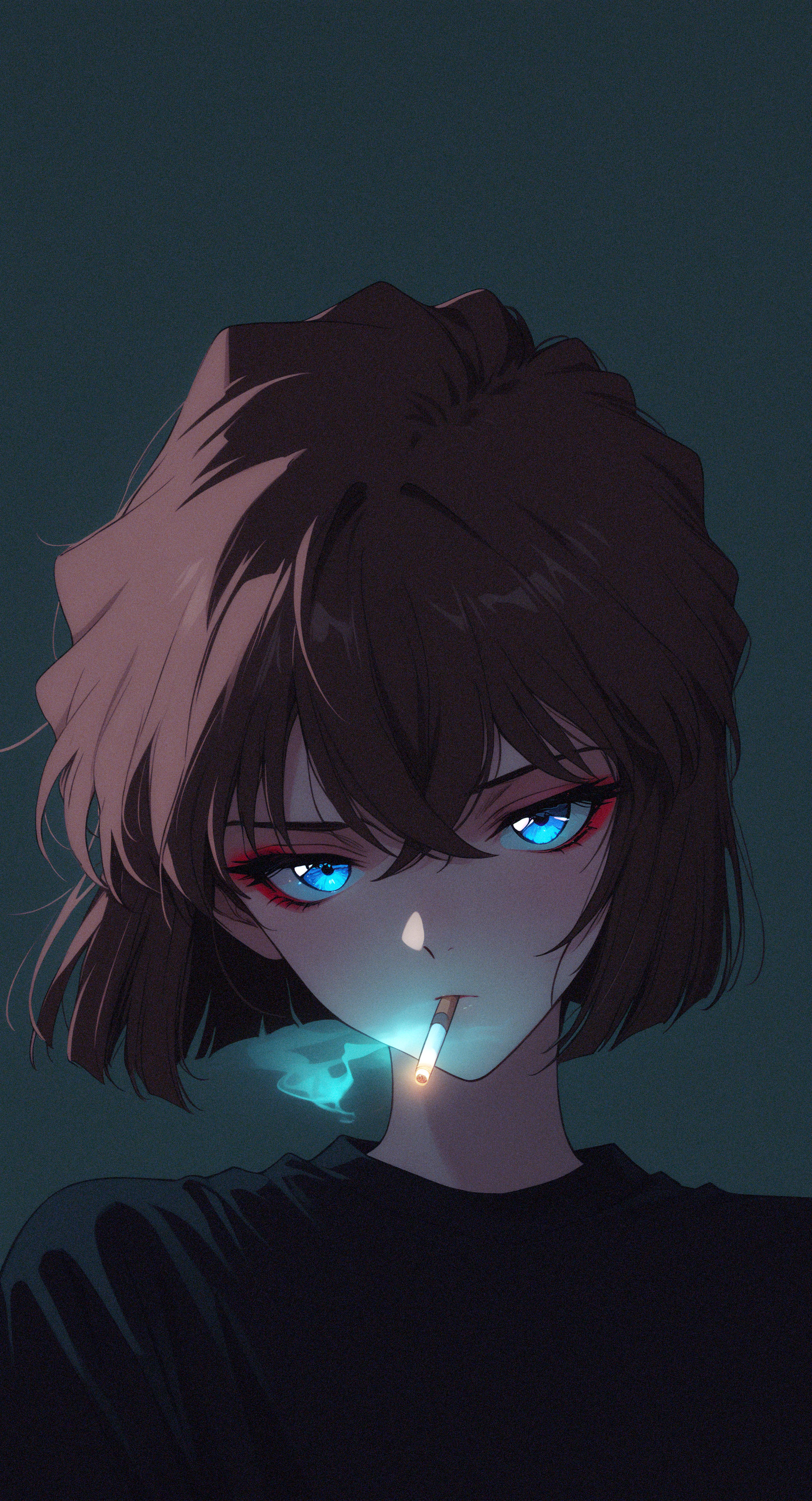 masterpiece, best quality, good quality, very awa, newest, highres, absurdres, miyano shiho \(meitantei conan\),
1girl, solo, short hair, blue eyes, brown hair, black hair, hair between eyes, crossed bangs, Red Eyeshadow,
looking at viewer, mouth hold, shirt, black shirt, cigarette, smokingï¼
simple background, dark green background, upper body, sidelighting, xxx667_illu, glowing, melanch0ly, retro anime, 1990s <lora:illustriousXL_stabilizer_v1.23:0.3> <lora:NOOB_vp1_detailer_by_volnovik_v1:0.3> <lora:ponyv6_noobE11_2_adamW-000017:0.3> <lora:XXX667:0.4> <lora:MelancholyAnime:0.8>
