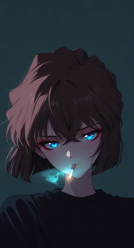 masterpiece, best quality, good quality, very awa, newest, highres, absurdres, miyano shiho \(meitantei conan\),
1girl, solo, short hair, blue eyes, brown hair, black hair, hair between eyes, crossed bangs, Red Eyeshadow,
looking at viewer, mouth hold, shirt, black shirt, cigarette, smokingï¼
simple background, dark green background, upper body, sidelighting, xxx667_illu, glowing, melanch0ly, retro anime, 1990s <lora:illustriousXL_stabilizer_v1.23:0.3> <lora:NOOB_vp1_detailer_by_volnovik_v1:0.3> <lora:ponyv6_noobE11_2_adamW-000017:0.3> <lora:XXX667:0.4> <lora:MelancholyAnime:0.8>