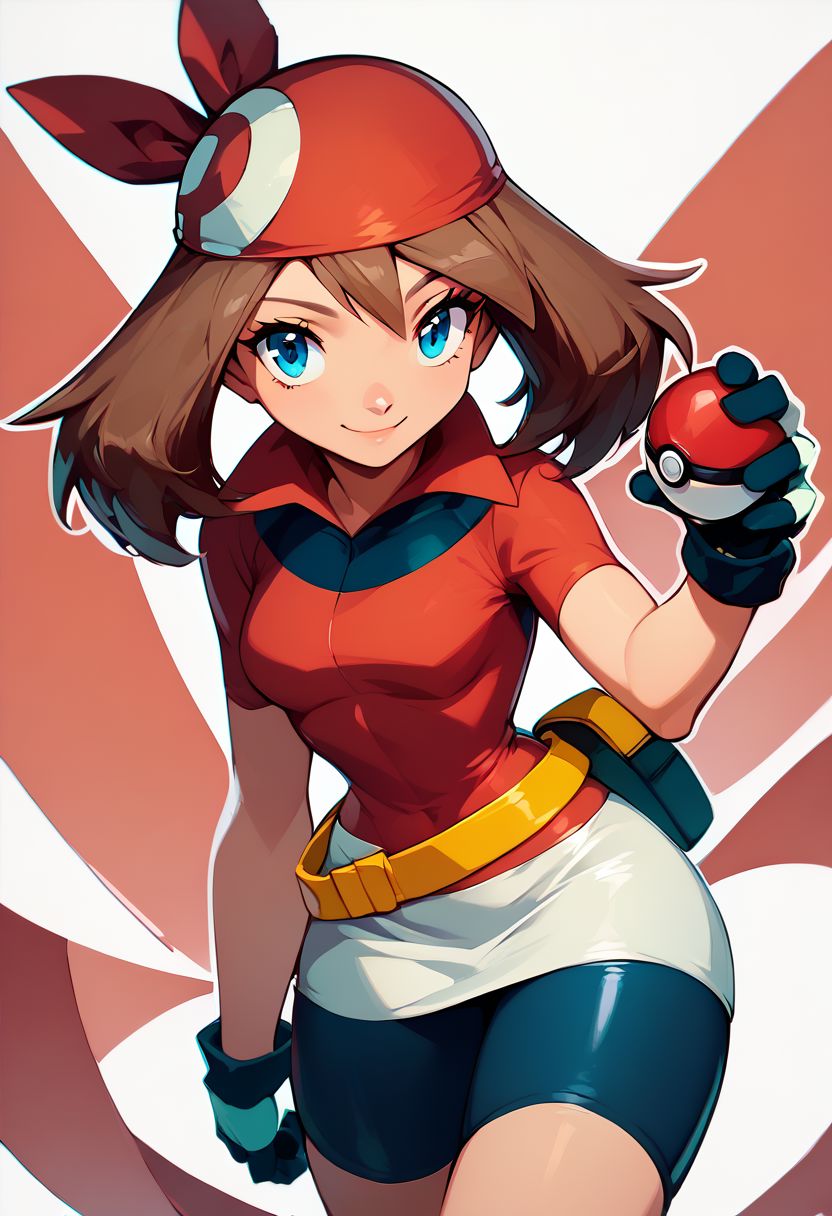 score_9, score_8_up, score_8, medium breasts, (curvy), cute, eyelashes,     
rating safe, 
BREAK,
holding pokeball, 
zzMay, solo, brown hair, blue eyes, medium hair, perfect, red shirt, bike shorts, red bandana, red shirt, gloves, yellow belt, white skirt,
BREAK,
smile, looking at viewer, 
abstract background, 
zPDXL, Expressiveh