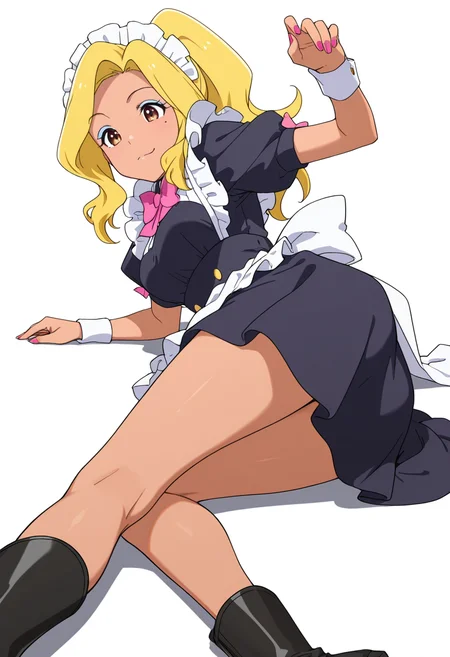 Smooth Quality,masterpiece,very intricate, high quality details, ultra realistic, high detailed skin,detailed enviorement,absurdres,
 <lora:Gotou_Shino_Shiipon_CNR:0.8> gotou_cnr, blonde hair,long hair, ponytail, brown eyes, dark-skinned female, mole, nail polish, eyeshadow,gotou_maid_cnr,maid, maid headdress, maid apron,black dress, short dress,puffy short sleeves, boots, frills,pink bowtie,, simple background, white background, from behind,solo,
lying on side, top leg bent forward, arm stretched along floor  ,, xd,