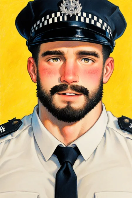 1boy,facial hair,male focus,solo,beard,hat,mustache,portrait,yellow background,looking at viewer,uniform,shirt,black necktie,collared shirt,necktie,peaked cap,short hair,black headwear,police hat,muscular,mature male,blush,parted lips,
colored pencil \(medium\),
<lora:4k:1>,<lora:chequered_police_helmet_UK_police_hat:1>,