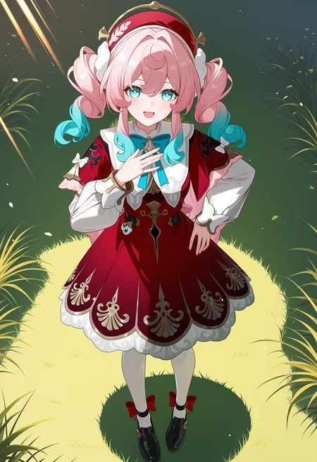 <lora:hal illustrious-1.0-000050:1>,
hyacine \(honkai: star rail\),red hat,white pantyhose,smile,long sleeves,looking at viewer,black footwear,open mouth,bowtie,red dress,solo,pantyhose,full body,standing,blue bow,shoes,hand on own hip,white bow,sidelocks,:d,blush,blue bowtie,red bow,hand up,puffy long sleeves,grass,puffy sleeves,white dress,red capelet,hair ornament,capelet,hat,red hat,