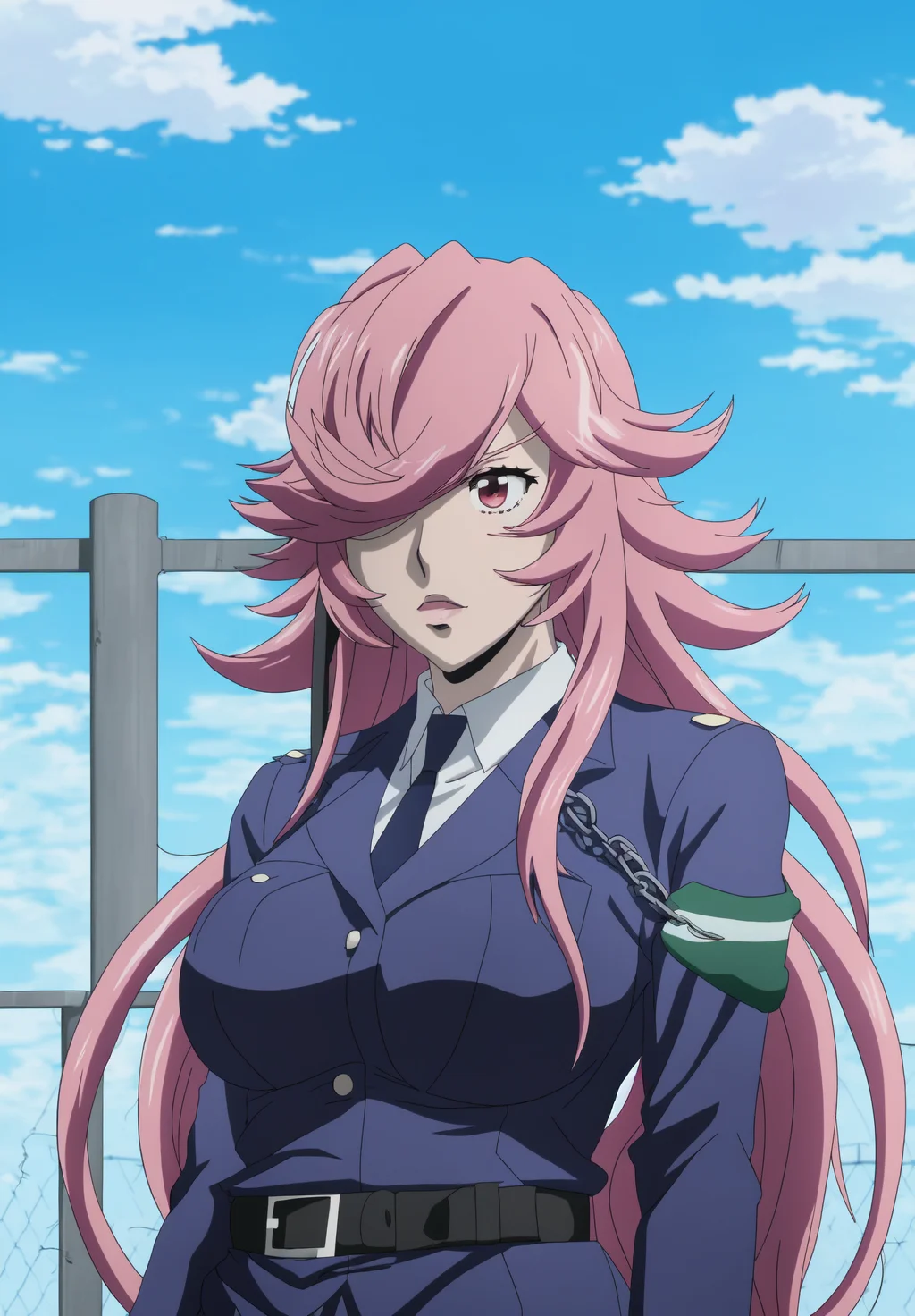 <lora:Yayoi_Kusakabe:0.8>, Yayoi_Kusakabe, 1girl, solo, holding, upper body, outdoors, sky, day, cloud, blue sky, phone, cellphone, fence, chain-link fence, anime coloring