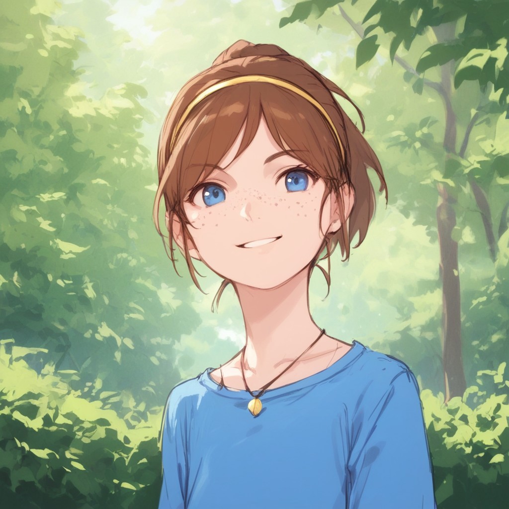 sketch, anime coloring, score_9, score_8_up, score_7_up, score_6_up, girl, freckles, solo, hairband, blue shirt, shirt, at the park, tree, bush, playset, brown hair, necklace, upper body, lips, jewelry, short hair, ponytail, blue eyes, parted lips, smile, teeth