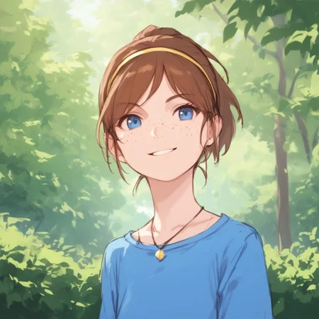 sketch, anime coloring, score_9, score_8_up, score_7_up, score_6_up, girl, freckles, solo, hairband, blue shirt, shirt, at the park, tree, bush, playset, brown hair, necklace, upper body, lips, jewelry, short hair, ponytail, blue eyes, parted lips, smile, teeth