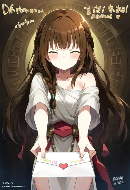 score_9, 1girl, rh34, brown hair, long hair, choppy bangs, high braid, green eyes, medium chest, ancient greek clothes, plain toga, shoulder broach, one side off-shoulder, source_anime, ntm, <lora:love-letter-ponyxl-lora-nochekaiser:1>, love letter, heart, valentine, letter, confession, incoming gift, outstretched arms, closed eyes, shouting