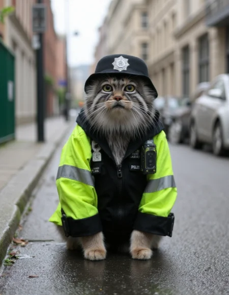 a pallas cat sitting on a rainy street. The cat is Dressed in a high-visibility jacket over its black tactical uniform and traditional custodian helmet, <lora:Animal_soph-PallasCat-FLUX:1> <lora:Outfit_morse-MetroPoliceUniformBrit-FLUX:0.9>