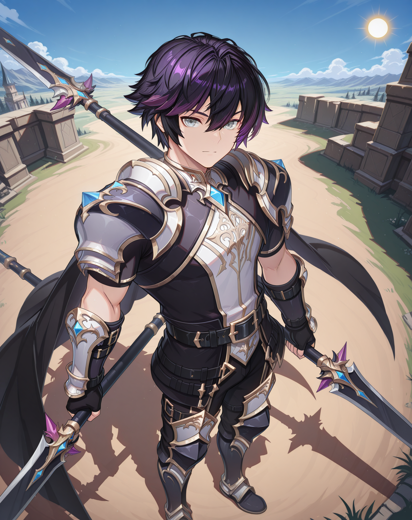 masterpiece, amazing quality, best quality, absurdres, very aesthetic,
1boy, solo, yaoi, male focus, full body, from above, standing, looking at viewer, face focus,
<lora:Sieghart_T_Default_ilxl:1> siegtdefault, black hair, multicolored hair, purple hair,hair between eyes, short hair, two-tone hair, grey eyes,
fingerless gloves, shoulder armor, black cape, black belt, black gloves, armored boots, black pants, fantasy, gauntlets, pauldrons, shirt, short sleeves,
holding weapon, holding polearm,holding sword, dual wielding, spear,weapon over shoulder, 
outdoors, day, blue sky, sun,