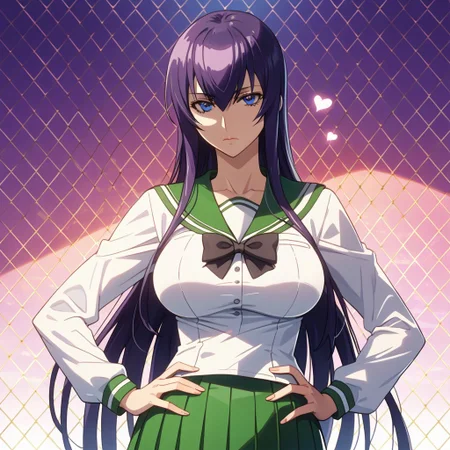 score_9, score_8_up, score_7_up, 1girl, looking at viewer, sunlight, abstract background, argyle background, rainbow, heart, upper body, close-up, portrait,
<lora:Saeko_Busujima_Dwnsty_r1:0.8>, saeko_busujima, purple hair, blue eyes, long hair, hair between eyes, school uniform, serafuku, green skirt, long skirt, pleated skirt, black bowtie,
lips, expressionless, large breasts, skindentation, mature female, hands on own hips,