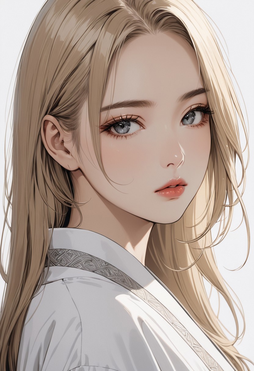 closed mouth, blond hair , long hair, grey eyes, disheveled hair, graceful face, big breasts, constricted waist, nice body, lips, Sexy mouth, adult, beautiful white skin, Beautiful clear skin,
cinematic, (masterpiece), (best quality), (ultra-detailed), very aesthetic, illustration, perfect composition, intricate details, absurdres, detailed face, closed mouth, portrait
 white kimono, pelvic curtain on ass, large ass, from behind, outdoors, dimly lit, white background