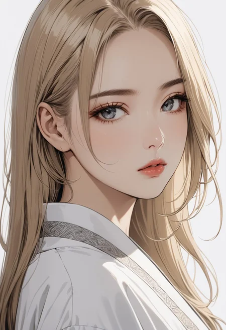 closed mouth, blond hair , long hair, grey eyes, disheveled hair, graceful face, big breasts, constricted waist, nice body, lips, Sexy mouth, adult, beautiful white skin, Beautiful clear skin,
cinematic, (masterpiece), (best quality), (ultra-detailed), very aesthetic, illustration, perfect composition, intricate details, absurdres, detailed face, closed mouth, portrait
white kimono, pelvic curtain on ass, large ass, from behind, outdoors, dimly lit, white background
