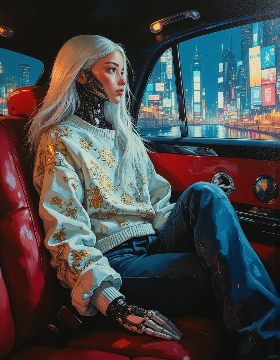 A masterwork oil painting of serene and elegant futuristic android girl who sits gracefully in the back seat of a luxurious Rolls-Royce Phantom. She looks small sitting in the opulent seat, she appears to be around 11 years old in age.  All of her exposed skin is of a shiny chrome. The car drives slowly through a futuristic cyberpunk city. The android's serene expression is highlighted by the city lights that gently illuminate her pale white flawless synthetic skin. She is graceful, poised, and sure of herself. She wears a futuristic couture designer sweater, intricately floral patterns are woven with shimmering golden threads that catch the ambient light. Her well fitted blue jeans are designer. Her arms, hands, neck, and legs are cybernetic, a blue glow emanating from her joints.  
The interior of the vehicle is opulent, with plush red leather seats and ambient lighting that casts a soft glow, enhancing the sophisticated atmosphere. In the background, the city's skyline is a dazzling array of high-tech skyscrapers and neon signs, creating a striking contrast with the timeless elegance of the Rolls-Royce.
Her green eyes, a mesmerizing blend of human-like warmth and robotic precision, gaze thoughtfully out of the window. Her sleek, white hair falls gracefully over her shoulders, complementing her futuristic yet regal aura. The night is alive with the hum of advanced vehicles and the soft murmur of the city, but she remains perfectly composed, embodying a blend of grace, power, and futuristic mystique.
She looks like a fashion model. Masterful painting, oil on canvas, Focus on the girl, shadow and light, Masterpiece, intricate lines, intriguing atmosphere, sharp magnificent details, delicate features, novuschroma, elaborate details, (2\3 rule composition:0.5), ultra detailed, romantic, Rembrandt lighting, brush stroke, lovely, del1cate_balance style, in the style of Rembrandt. vantablack <lora:style_of_Rembrandt_FLUX_135:.8> <lora:- Flux1 - vanta_black_V2.0:.6> <lora:Delicate_Balance:.3> <lora:neeeg_f1:-1> <lora:113_novuschromaFLX_1:.2> <lora:Midjourney_Whisper_Minimal:.3> <lora:CPA:.6>