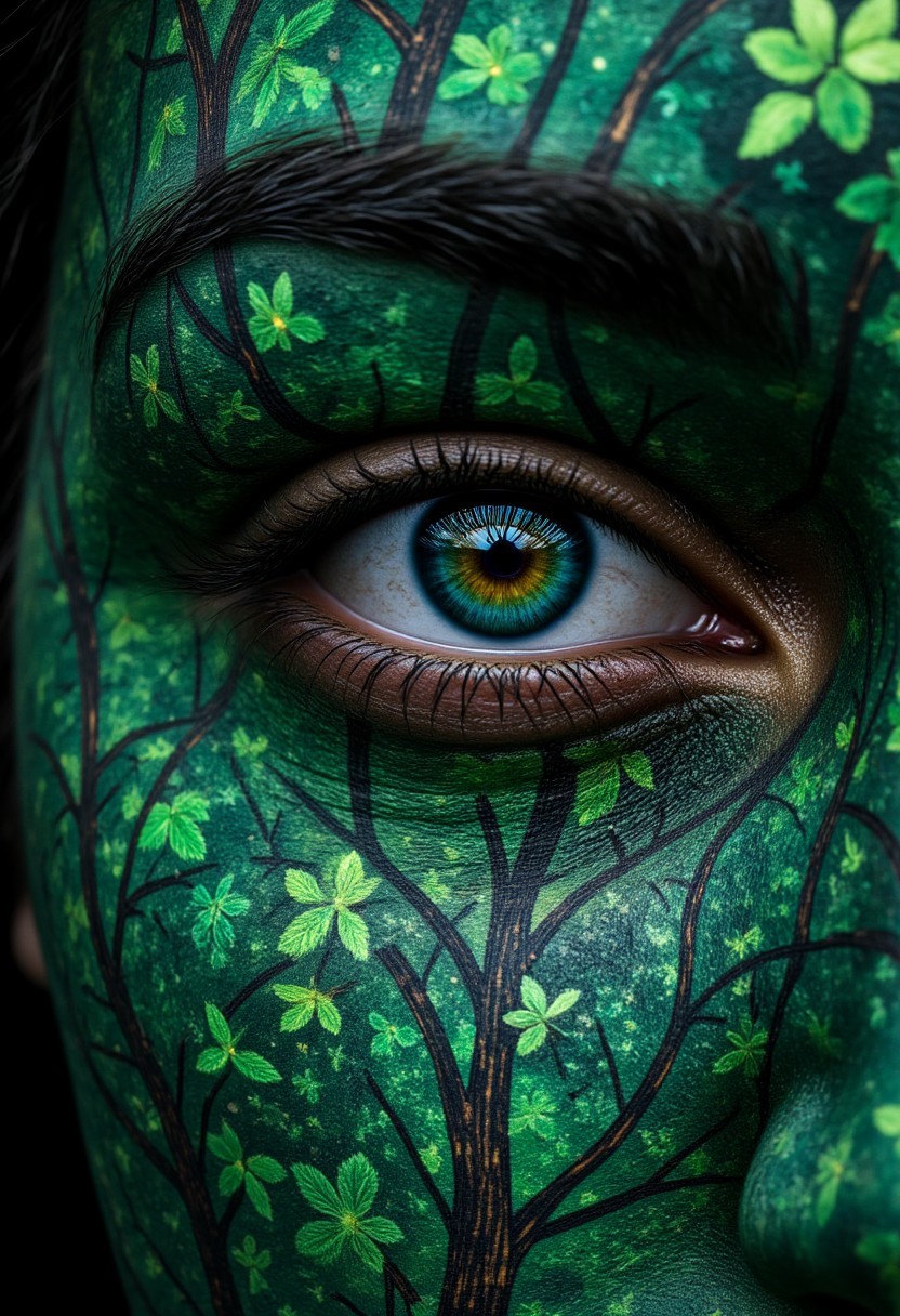 An ultra-close-up of a woman’s eye, the iris a blooming forest at dusk, with emerald greens and earthy browns forming intricate patterns of leaves and branches, tiny fireflies glowing as specks of light within the foliage. The pupil is a dark hollow, like the entrance to a forest cave, and the sclera has faint moss-like textures. The lighting is a soft, twilight glow, shot with a Fujifilm GFX 100S, .raf file, emphasizing the organic depth and glowing details that overtake the image.
, aidmarealisticskin, aidmamj6.1