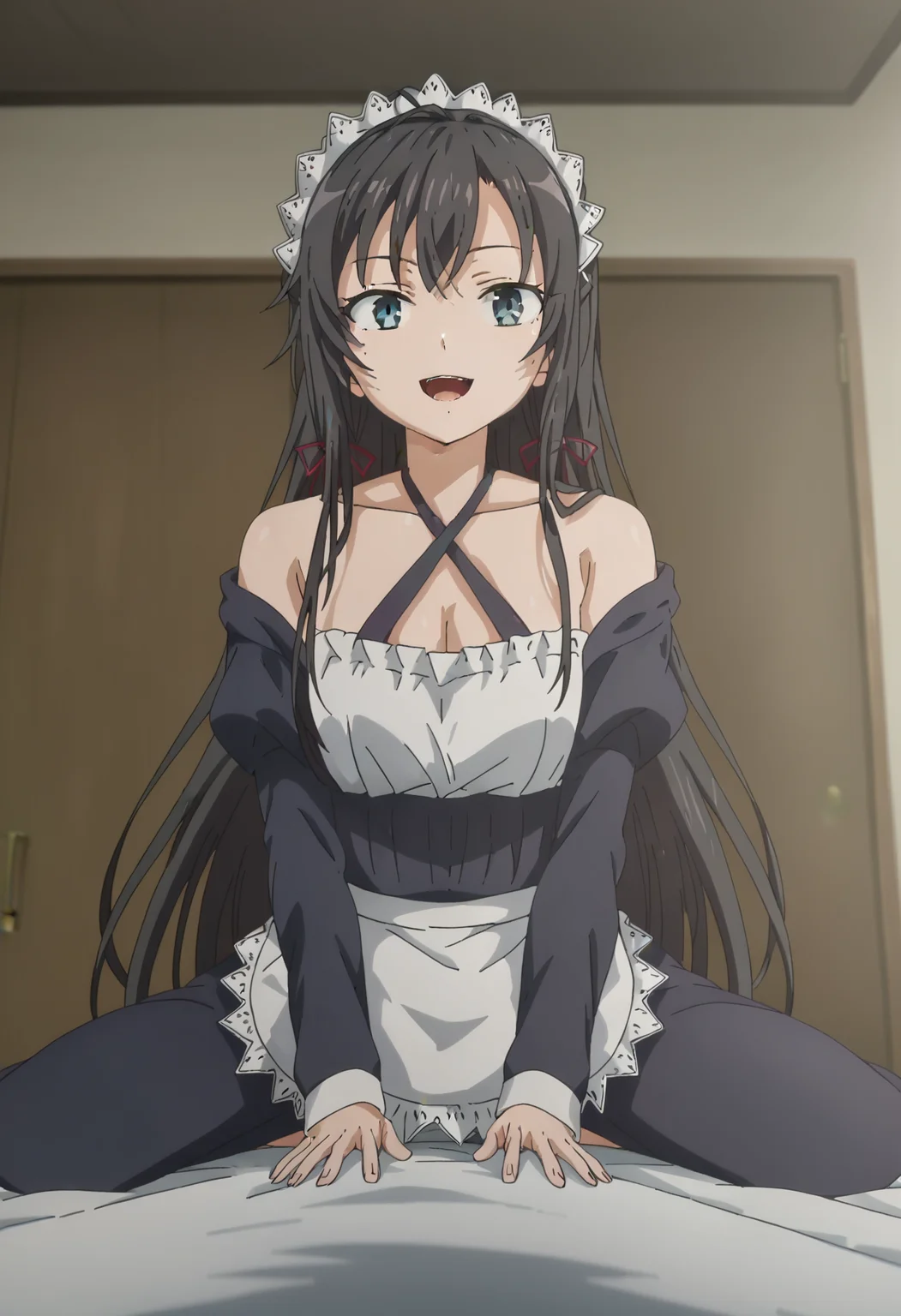 score_9, score_8_up, score_7_up, source_anime,
BREAK
1girl, solo, anime screencap, anime coloring,
<lora:shiYukinoV2:1>, yukimaiduni, black hair, long hair, blue eyes, red ribbon, hair ribbon, dress, bare shoulders, very long hair, alternate costume, apron, maid, maid headdress, halterneck, criss-cross halter,
<lora:shiyukiposeV1:0.9>, shiyukidef, looking at viewer, smile, open mouth, cleavage, collarbone, :d, pov,