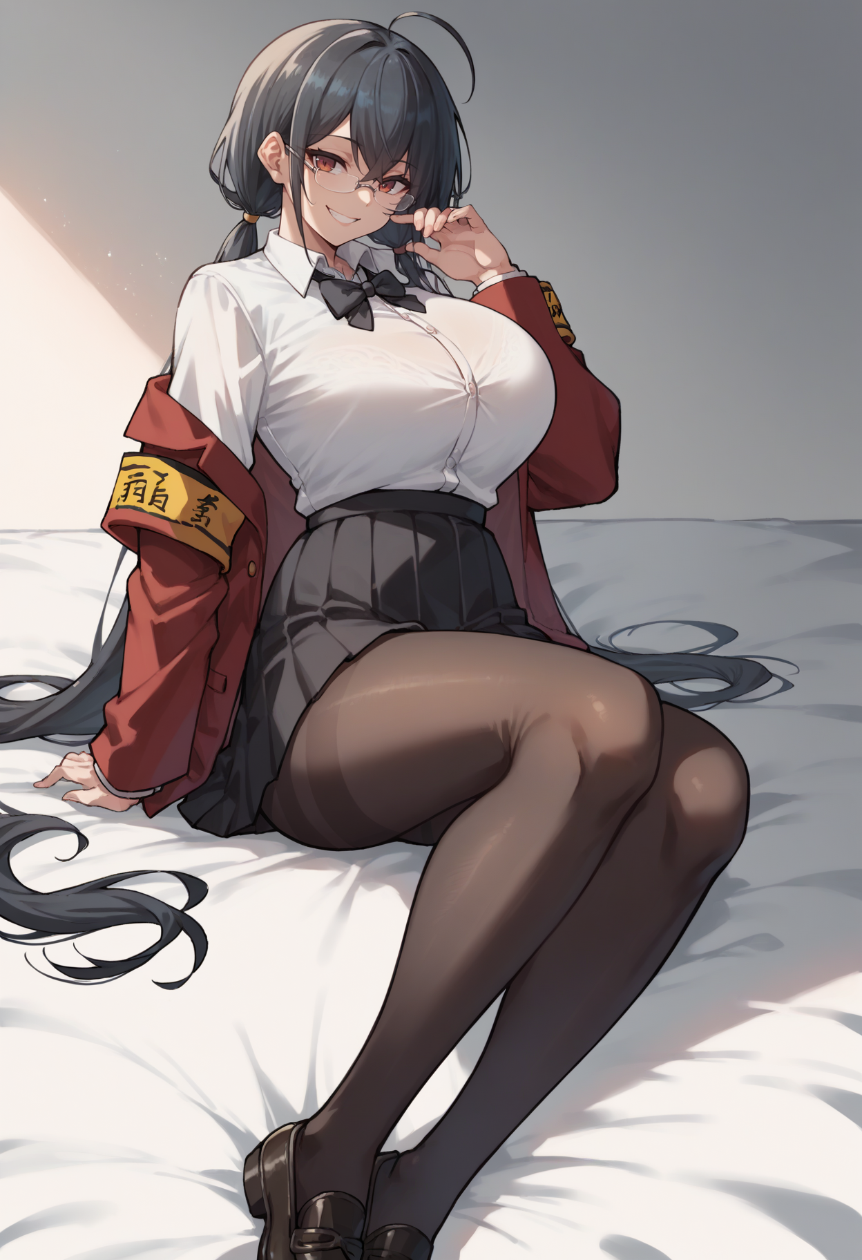 score_9, score_8_up, score_7_up,  MLTaiSchool, 1girl,  <lora:taihou-fullstack-2:0.9>,  white shirt, black skirt, red jacket, yellow armband, low-tied twintails, school uniform, black pantyhose, loafers, glasses, black bowtie, pleated skirt, huge breasts, smile, black hair,