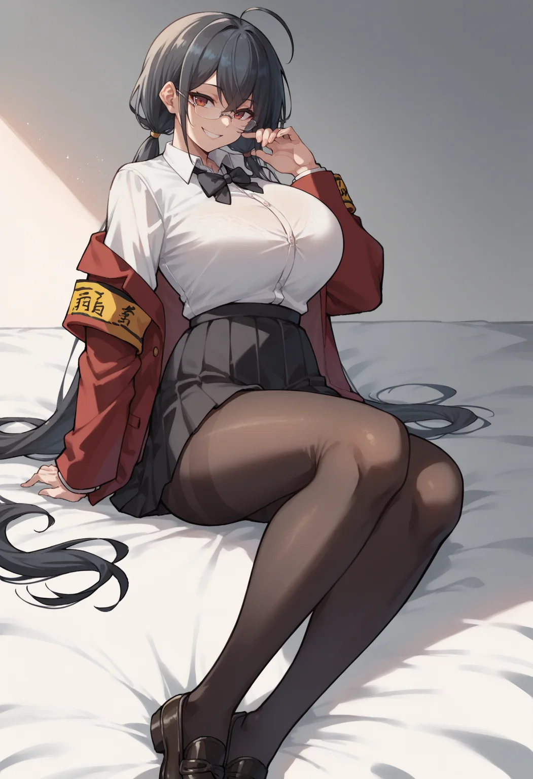 score_9, score_8_up, score_7_up, MLTaiSchool, 1girl, <lora:taihou-fullstack-2:0.9>, white shirt, black skirt, red jacket, yellow armband, low-tied twintails, school uniform, black pantyhose, loafers, glasses, black bowtie, pleated skirt, huge breasts, smile, black hair,