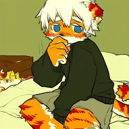 ((milkytiger)), white hair, blue eyes, tiger, furry, black sweater, gray shorts, 1boy, solo, sitting, in bed, shy, blush