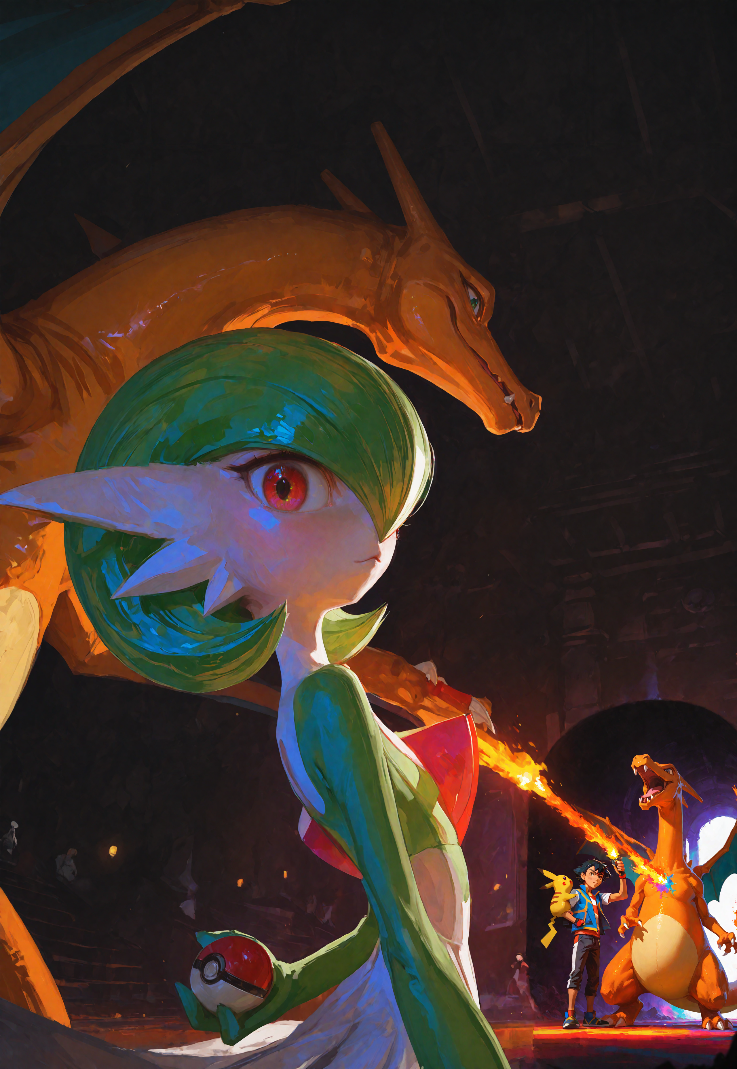 HDR, 8K, high contrast, masterpiece, best quality, amazing quality, very aesthetic, realistic, newest, volumetric lighting,
(artist:incase:0.5), (artist:tsuaii:0.5), (flat colors:1.1), 1man, Ash Ketchum, Pokemon, Pikachu, Charizard, Gardevoir, colorful, looking at the viewer,
<lora:_xLOOK_DetailedEyes_V3:1> <lora:USNR STYLE_XL_lokr:0.45>
<lora:ponyv4_noob1_2_adamW-000017:0.9> <lora:GENESIS_MK0.4:0.5>