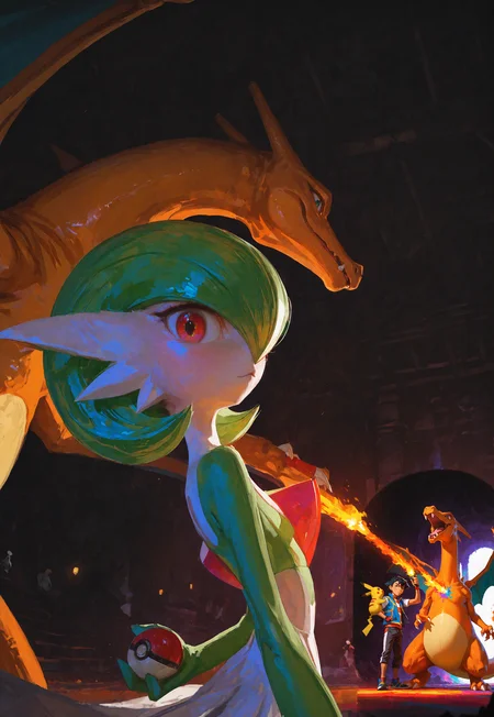 HDR, 8K, high contrast, masterpiece, best quality, amazing quality, very aesthetic, realistic, newest, volumetric lighting,
(artist:incase:0.5), (artist:tsuaii:0.5), (flat colors:1.1), 1man, Ash Ketchum, Pokemon, Pikachu, Charizard, Gardevoir, colorful, looking at the viewer,
<lora:_xLOOK_DetailedEyes_V3:1> <lora:USNR STYLE_XL_lokr:0.45>
<lora:ponyv4_noob1_2_adamW-000017:0.9> <lora:GENESIS_MK0.4:0.5>