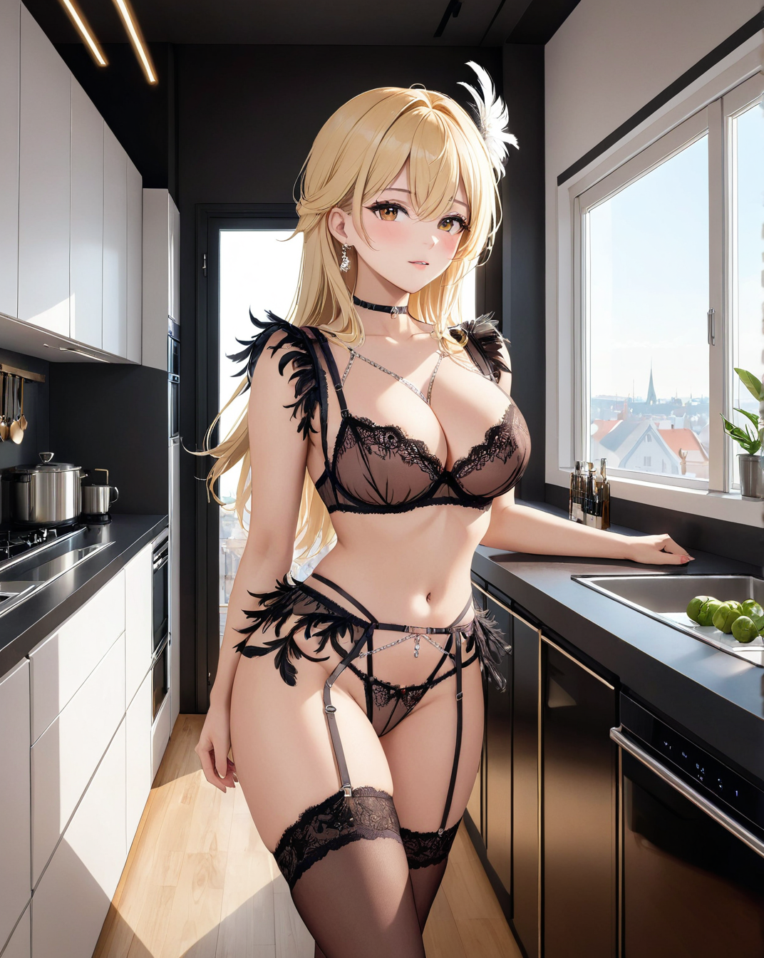 <lora:OpenFeatherLingerie-000003:0.8> a photo of a woman wearing sheer lingerie, feathers, chains, garterbelt, cleavage
blonde hair, scandinavian woman, in her apartment, open floorplan,  breathtaking chrome kitchen appliances