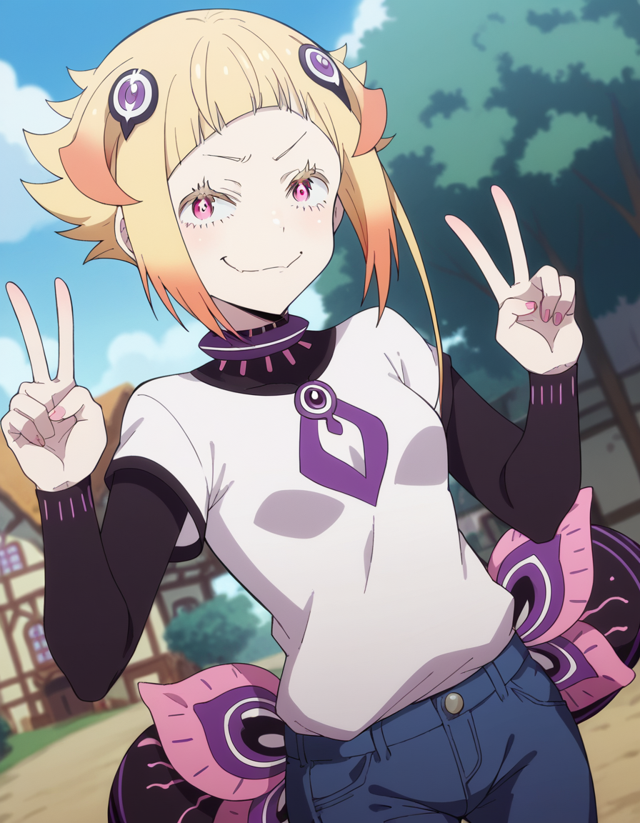 score_9, score_8_up, score_7_up, source_anime, <lora:capella-emerada-lugunica-s3-p1-ponyxl-lora-nochekaiser:1>, capella emerada lugunica, short hair, blonde hair, hair ornament, pink eyes, multicolored hair, gradient hair,, shirt, t-shirt, white shirt, pants, denim pants,, village, houses, community, rural, farms, , v, v over mouth, smug,, looking at viewer, solo,, dutch angle, cowboy shot