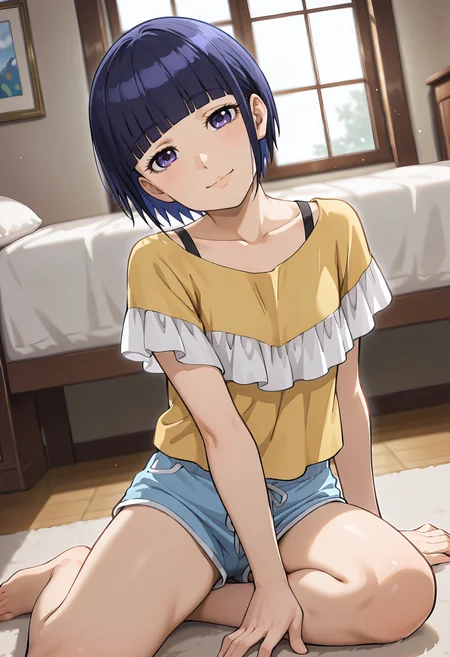 best quality, amazing quality, perfect quality, high quality, masterpiece, absolutely eye-catching BREAK
<lora:Police_in_a_Pod_-_Mai_Kawai:1> HakozumeMai, purple eyes, blue hair, short hair, blunt bangs BREAK
yellow frilled shirt, white frills, black bra straps, blue shorts, barefoot BREAK
indoors, bedroom, bed, window, sunbeam BREAK
1girl, solo, sitting, on floor, cowboy shot, looking at viewer, arm rest, light smile, dutch angle, head tilt,