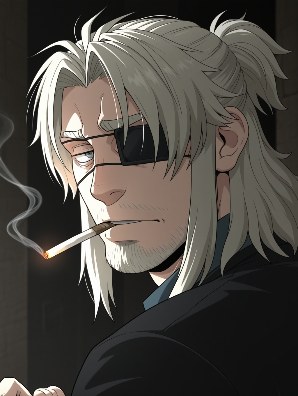 masterpiece, best quality, amazing quality, Worick Arcangelo, grey eyes, eyepatch, beard, acial hair, Blonde hair, 1 boy, male focus, bara, solo, smoking, Gray-blue eyes