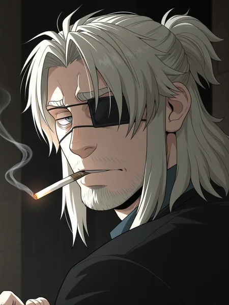 masterpiece, best quality, amazing quality, Worick Arcangelo, grey eyes, eyepatch, beard, acial hair, Blonde hair, 1 boy, male focus, bara, solo, smoking, Gray-blue eyes