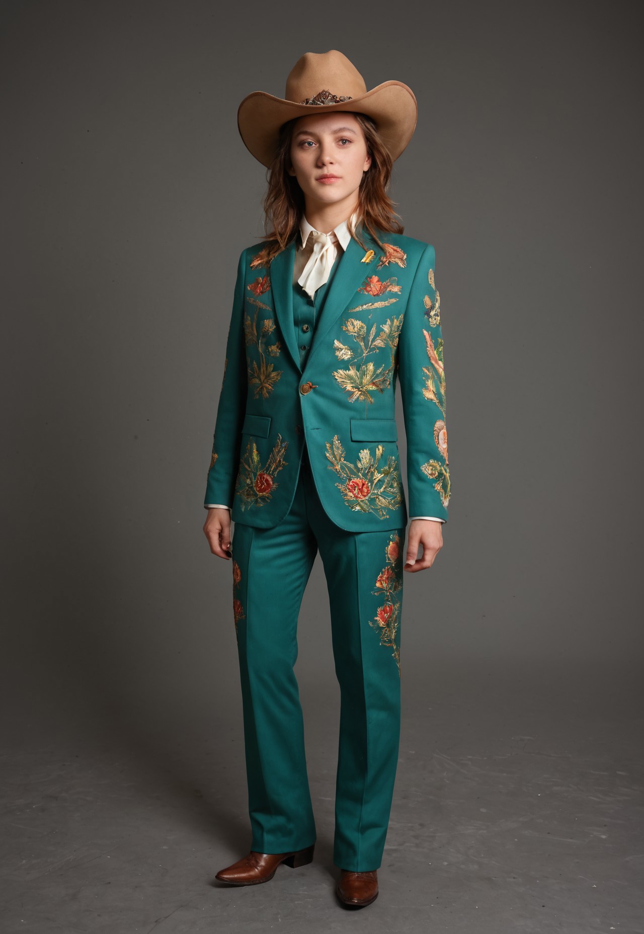 score_9, score_8_up, score_7_up, score_6_up, Stable_Yogis_PDXL_Positives,  realism, 1girl, green nudie suit, rhinestones, bejeweled, western wear, cowboy hat, full body, modelling, 


