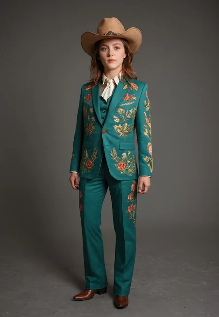 score_9, score_8_up, score_7_up, score_6_up, Stable_Yogis_PDXL_Positives,  realism, 1girl, green nudie suit, rhinestones, bejeweled, western wear, cowboy hat, full body, modelling, 

