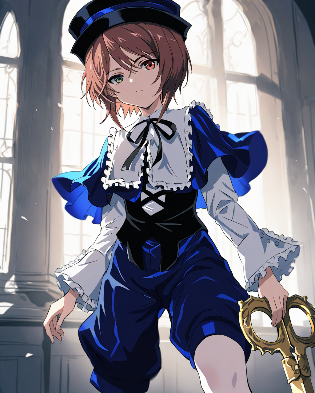 SouseisekiRozenMaiden,
1girl, solo,
hat, short hair, brown hair,
blue capret, white collar, neck ribbon, blue dress,
long sleeves, holding scissors, scissors,
blue pants,
white pantyhose,
<lora:kp_SouseisekiRozenMaidenAnimagineXL_v1_0:1.0>,
BREAK
masterpiece, best quality, absurdres, 
ultra-detailed, moody lighting,
depth of field,