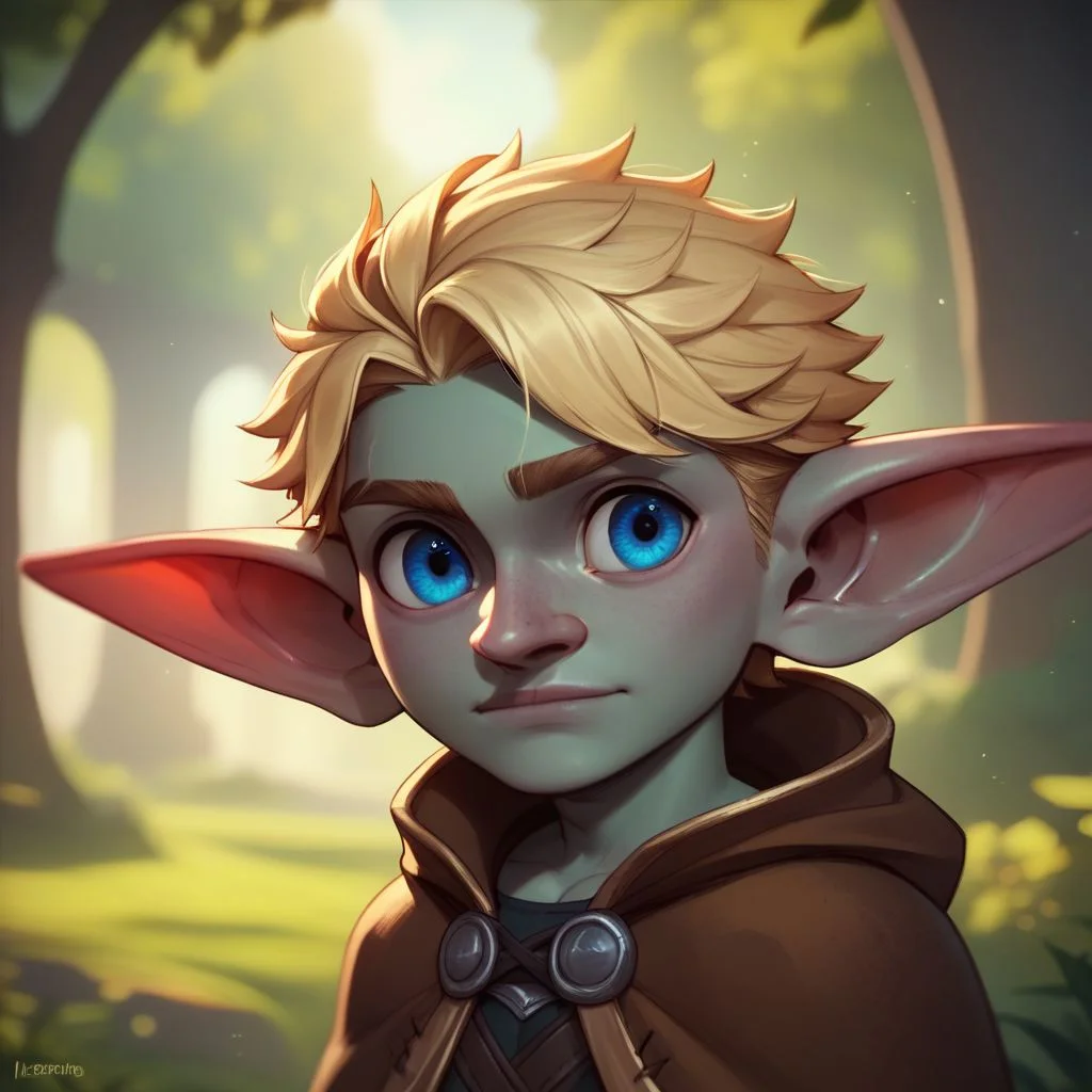 (((beautiful, high quality))), upper body, score_9, score_8_up, score_7_up, solo,
looks at the viewer,
Goblin, shortstack, short stature, pointed ears, big eyes, 1boy, male focus, blond hair, blue eyes, gray skin, fantasy cape,
outdoor, fantasy background, nature, blurred background,