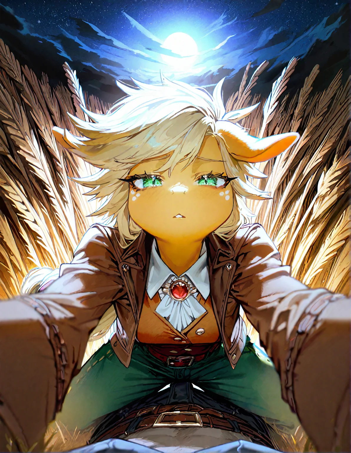 applejack , 1girl, blonde_hair , cloud ,colored_skin, furry, furry_female, long_hair,orange_skin ,outdoors, personification , solo, , wheat_field,Straw ,dot_nose, freckles, green_eyes , medium breast,night, moon,  deep night, galaxy,
green_pants, jacket,long_hair, official_alternate_costume, open_jacket, pants, single_braid, yellow_shirt,adapted_costume , braid ,brooch ,brown_belt, brown_hat, brown_jacket, buttons, cowboy_hat ,detached_collar, knee_boots,  windy,from blow, incoming_kiss, looking_at_viewer , outstretched_arms ,pov, , steaming body, girl on top,naughty_face ,
rella, rolua,  quasarcake:0.8, negative space,  very awa,
masterpiece, best quality, Good quality, very aesthetic, absurdres, newest, (Perfect details),
<lora:ponyv5_noobV065S_1_adamW:0.8>, <lora:illustrious_noobai_epsilon_pred_1_best_quality_v1:0.7> ,<lora:illustrious_noobai_epsilon_pred_11_very_aesthetic_v1:0.7> ,<lora:illustrious_noobai_epsilon_pred_1_masterpieces_v1:0.7> , <lora:Straw_thread:1>