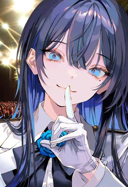 (masterpiece, high quality, amazing detail), highres, very awa, by takepon1123
chando \(ado\), ado \(utaite\), blue eyes, hair between eyes, mole under eye, long hair, blue hair, black hair, colored inner hair, two-tone hair, sidelocks, white shirt, collared shirt, white gloves, long sleeves, black bowtie, utaite, flower brooch, close mouth, smile, shush
BREAK
full body, concert stage, (photo background1:!)
<lora:add-detail-xl:0.6> <lora:spo_sdxl_10ep_4k-data_lora_webui:0.8> <lora:ponyv4_noob1_2_adamW:0.4>