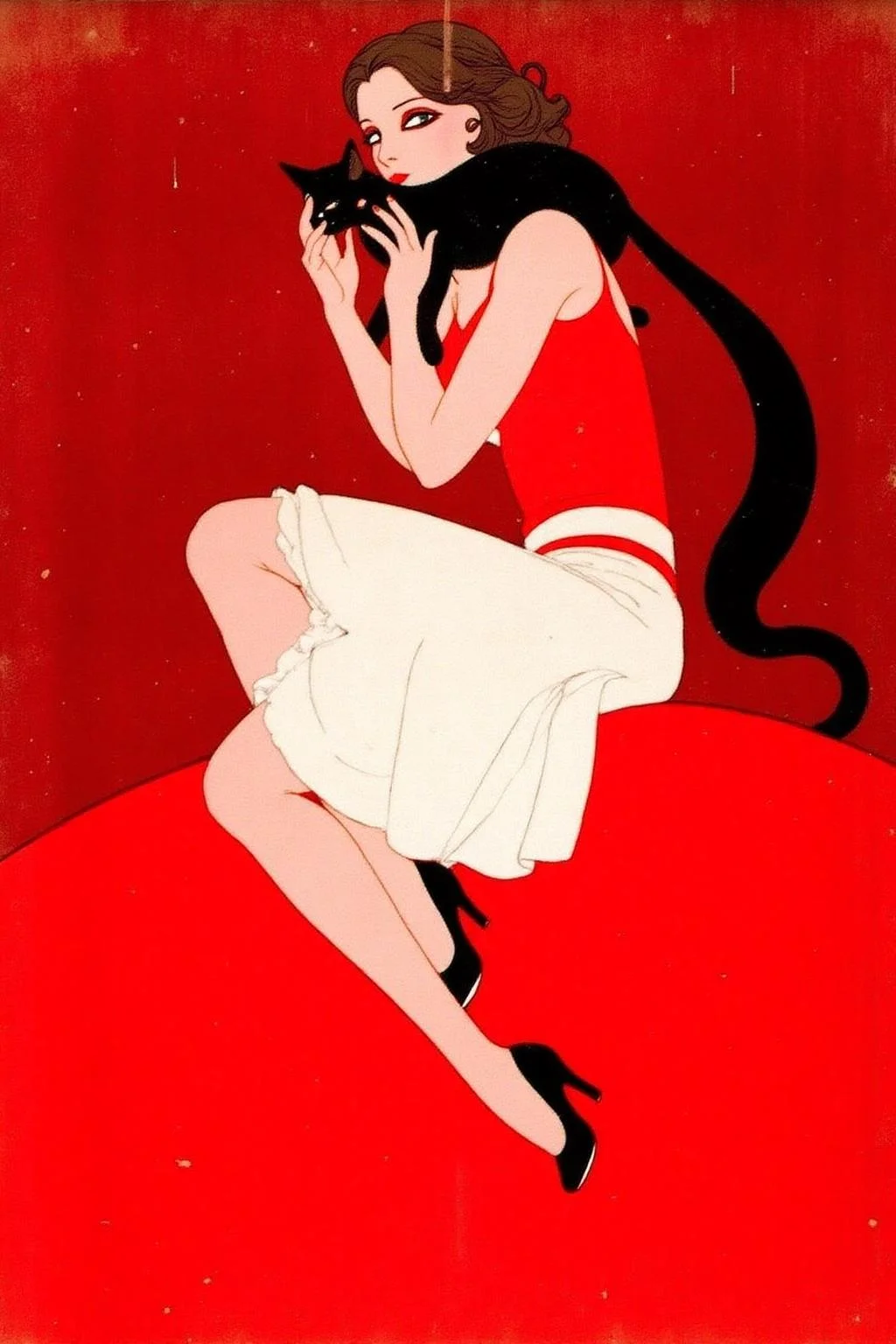 ernestogarciacabral1 illustration.
A woman in a red top and white skirt sits on a red, curved surface, holding a black cat close to her face. She wears black high-heeled shoes and has dark, wavy hair. <lora:ernestogarciacabral1_cap_d6a3:1.0><lora:849835996487913421:0>