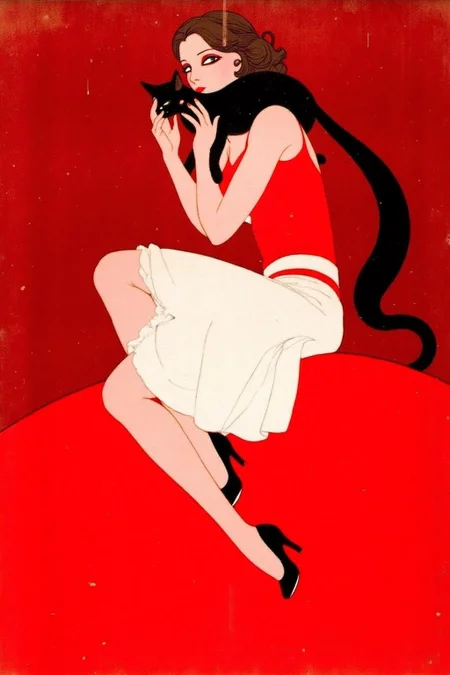 ernestogarciacabral1 illustration.
A woman in a red top and white skirt sits on a red, curved surface, holding a black cat close to her face. She wears black high-heeled shoes and has dark, wavy hair. <lora:ernestogarciacabral1_cap_d6a3:1.0><lora:849835996487913421:0>