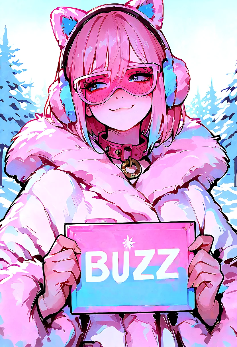 <lora:Lora\ponyv4_noob1_2_adamW-000017:0.7> <lora:Lora\GBF_Illustrious:0.6> <lora:Lora\748cmSDXL:1>masterpiece, best quality, Good quality, very aesthetic, absurdres, newest, Perfect details, 1 girl, Holding a sign, (the sign says ("Need Buzz"), blue eyes, fur headphones, fur coat, collar, embarrassed smile, eyelashes, pink and blue shades, winter,