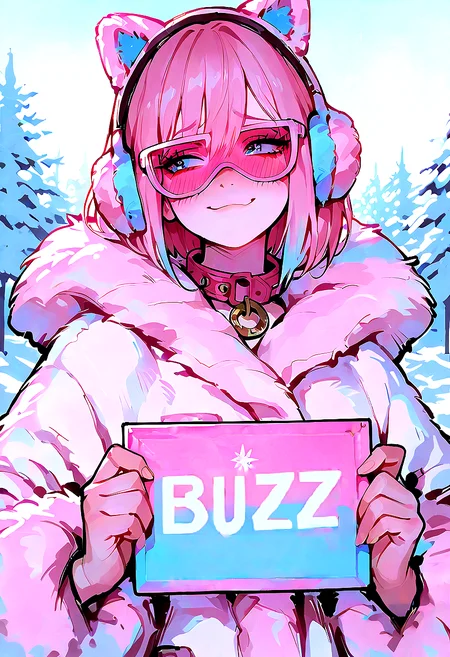 <lora:Lora\ponyv4_noob1_2_adamW-000017:0.7> <lora:Lora\GBF_Illustrious:0.6> <lora:Lora\748cmSDXL:1>masterpiece, best quality, Good quality, very aesthetic, absurdres, newest, Perfect details, 1 girl, Holding a sign, (the sign says ("Need Buzz"), blue eyes, fur headphones, fur coat, collar, embarrassed smile, eyelashes, pink and blue shades, winter,