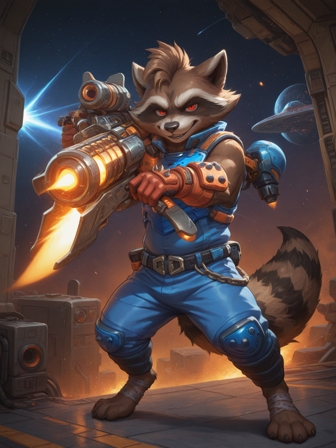<lora:RocketRaccoon-normal-illustriousXL-000012:0.8>,rocket raccoon,furry,1boy,solo,plump,red eyes,combat uniform,gloves,belt,pants,bandage,mohawk,fighting_stance,holding gun,space station,looking_at_viewer,full body,digital painting,artwork,anime style,masterpiece,best quality,amazing quality,
